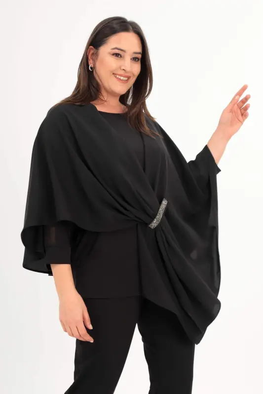 Tosh bosilgan to'qilgan qora ro'mol ponchosi - 2