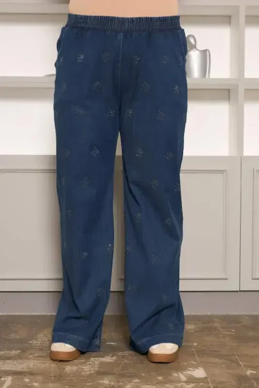 Tosh detalli katta oʻlchamli keng shimlar toʻq koʻk - 1