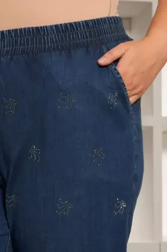 Tosh detalli katta oʻlchamli keng shimlar toʻq koʻk - 3