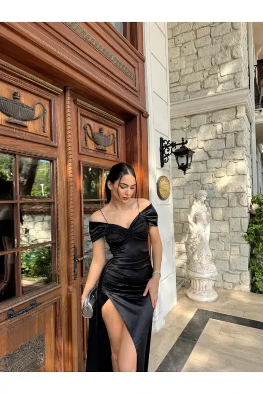 Tosh Drape Yoqa Yirtma Detay Dumli Abiye 582553 QORA-QORA - MEKAFASHION