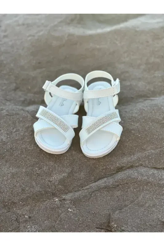 Toshli chiroyli bolalar sandaleti, chaqaloq sandaleti, sirpanmaydigan yozgi bolalar poyabzali - Oq toshli - 3