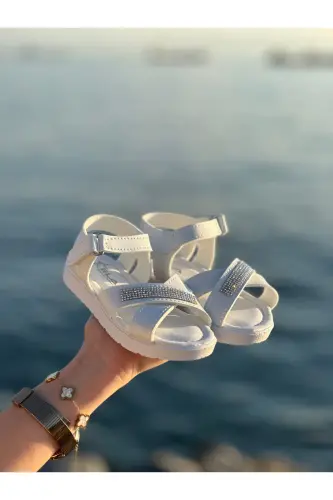 Toshli chiroyli bolalar sandaleti, chaqaloq sandaleti, sirpanmaydigan yozgi bolalar poyabzali - Oq toshli - BOLD BOUTIQUE (1)