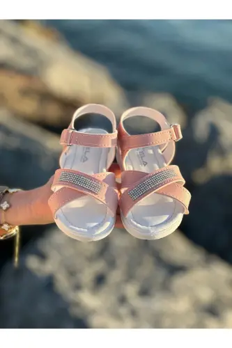 Toshli chiroyli bolalar sandaleti, chaqaloq sandaleti, sirpanmaydigan yozgi bolalar poyabzali - Pushti toshli - BOLD BOUTIQUE (1)