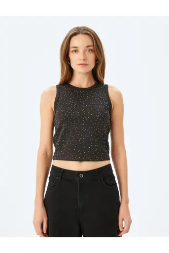 Toshli Halter Yaka Yengsiz Scuba Crop Bluz-Qora - 3