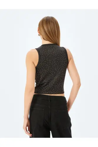 Toshli Halter Yaka Yengsiz Scuba Crop Bluz-Qora - 4