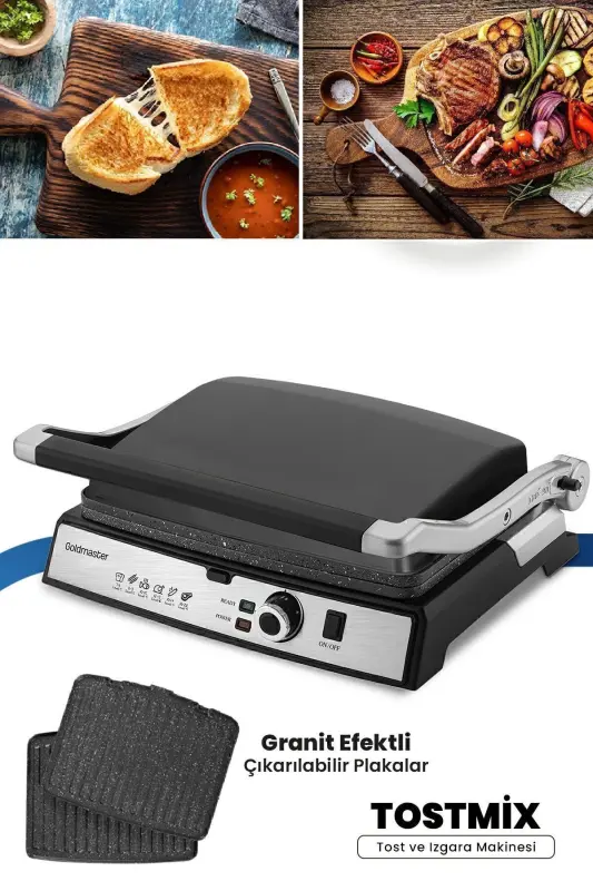 Tostmix Antrasit Paslanmaz Çelik 2000 Watt Granit Çıkarılabilir Plakalı Tost Ve Izgara Makinesi - Antrasit - GOLDMASTER