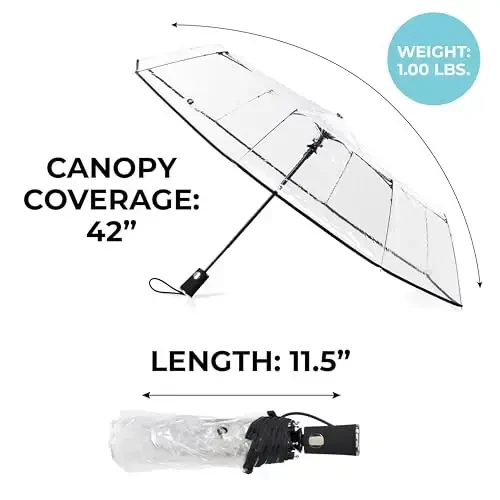 Totes Automatic Clear Umbrella - 42-Inch Foldable Lightweight Clear Canopy - Rubber Coated Handle - Travel Compact Umbrella for Rain - Wedding and Large Rain Use, Clear - 4