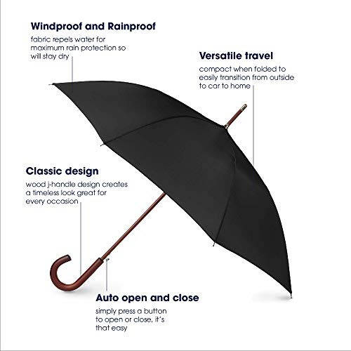 Totes Eco Auto Open Umbrella Classic Wooden J Stick Handle with Easy Grip - Windproof, Rainproof and Durable Canopy Design – Versatile Travel, Perfect for Rainy Days - 4