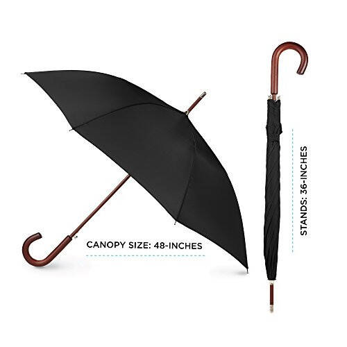 Totes Eco Auto Open Umbrella Classic Wooden J Stick Handle with Easy Grip - Windproof, Rainproof and Durable Canopy Design – Versatile Travel, Perfect for Rainy Days - 5