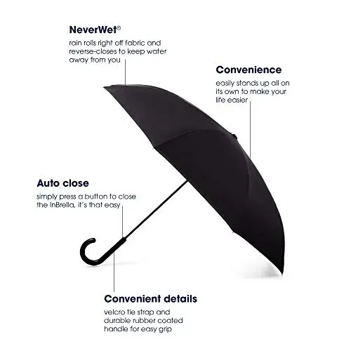 Totes InBrella - Reverse Close Umbrella with Invisible Water Repellent Coating - Auto Close, Inverted, Dripless, and Stormproof for Rainy Weather - 6