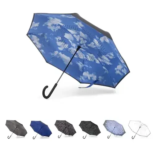 Totes InBrella - Reverse Close Umbrella with Invisible Water Repellent Coating - Auto Close, Inverted, Dripless, and Stormproof for Rainy Weather - 2