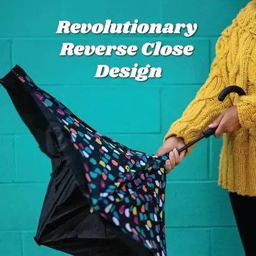 Totes InBrella - Reverse Close Umbrella with Invisible Water Repellent Coating - Auto Close, Inverted, Dripless, and Stormproof for Rainy Weather - 5