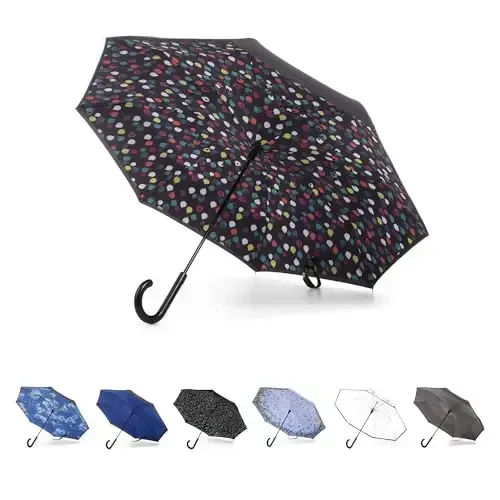 Totes InBrella - Reverse Close Umbrella with Invisible Water Repellent Coating - Auto Close, Inverted, Dripless, and Stormproof for Rainy Weather - 2