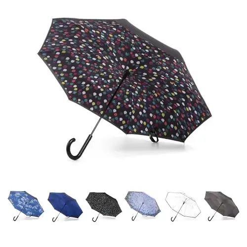 Totes InBrella - Reverse Close Umbrella with Invisible Water Repellent Coating - Auto Close, Inverted, Dripless, and Stormproof for Rainy Weather - TOTES (1)