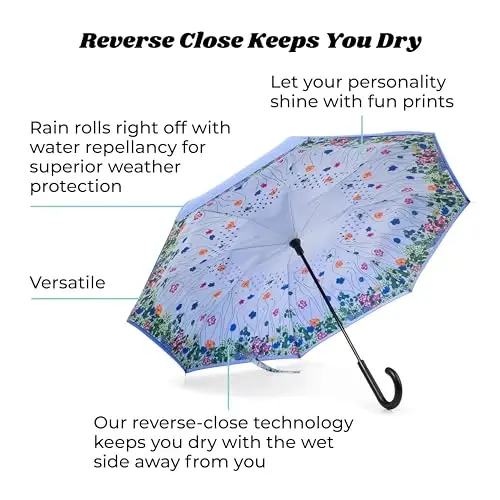 Totes InBrella - Reverse Close Umbrella with Invisible Water Repellent Coating - Auto Close, Inverted, Dripless, and Stormproof for Rainy Weather - 3