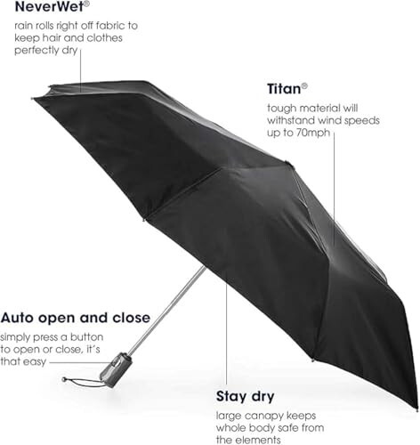 Totes Titan Portable Travel Umbrella - Windproof, Waterproof, Strong, Compact Umbrella - Perfect for the Car, Backpack, and On-the-Go - 2