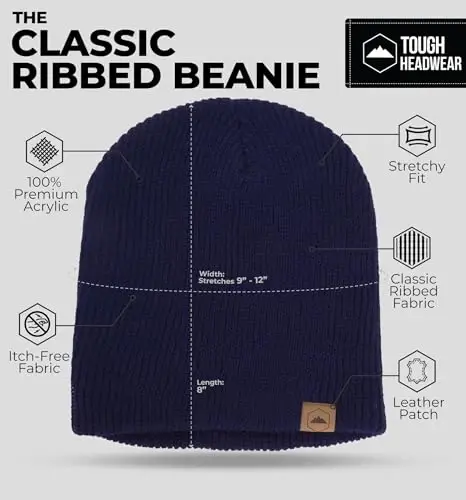 Tough Headwear Ribbed Beanie Hat - Four-Way Stretch Beanie for Women & Men - Lightweight, Soft Acrylic Knit Winter Hat - 3