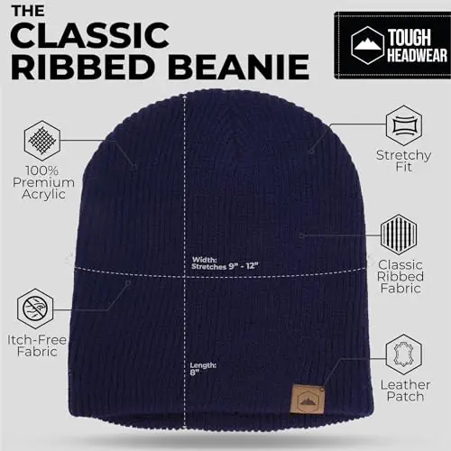 Tough Headwear Ribbed Beanie Hat - Four-Way Stretch Beanie for Women & Men - Lightweight, Soft Acrylic Knit Winter Hat - 3