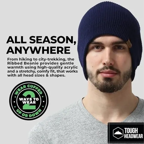 Tough Headwear Ribbed Beanie Hat - Four-Way Stretch Beanie for Women & Men - Lightweight, Soft Acrylic Knit Winter Hat - 2