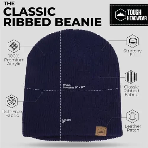 Tough Headwear Ribbed Beanie Hat - Four-Way Stretch Beanie for Women & Men - Lightweight, Soft Acrylic Knit Winter Hat - 3
