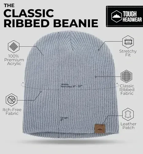 Tough Headwear Ribbed Beanie Hat - Four-Way Stretch Beanie for Women & Men - Lightweight, Soft Acrylic Knit Winter Hat - 3