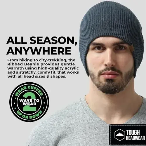Tough Headwear Ribbed Beanie Hat - Four-Way Stretch Beanie for Women & Men - Lightweight, Soft Acrylic Knit Winter Hat - 2