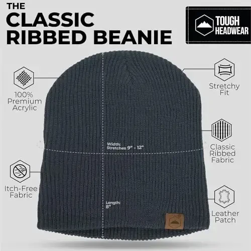Tough Headwear Ribbed Beanie Hat - Four-Way Stretch Beanie for Women & Men - Lightweight, Soft Acrylic Knit Winter Hat - 3
