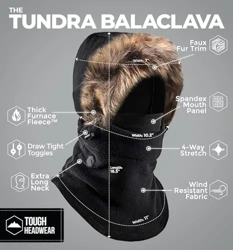 Tough Headwear Fleece Balaclava Ski Mask - Windproof Face Covering - Ski Mask for Cold Weather Gear - Winter Accessories - 3