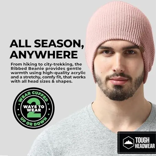 Tough Headwear Ribbed Beanie Hat - Four-Way Stretch Beanie for Women & Men - Lightweight, Soft Acrylic Knit Winter Hat - 2