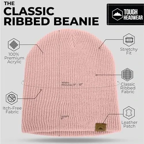 Tough Headwear Ribbed Beanie Hat - Four-Way Stretch Beanie for Women & Men - Lightweight, Soft Acrylic Knit Winter Hat - 3