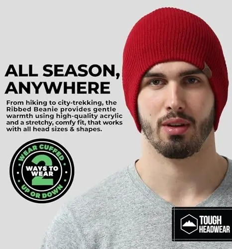 Tough Headwear Ribbed Beanie Hat - Four-Way Stretch Beanie for Women & Men - Lightweight, Soft Acrylic Knit Winter Hat - 2