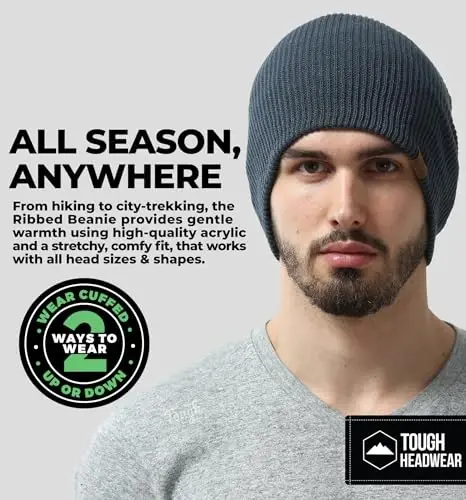 Tough Headwear Ribbed Beanie Hat - Four-Way Stretch Beanie for Women & Men - Lightweight, Soft Acrylic Knit Winter Hat - 2