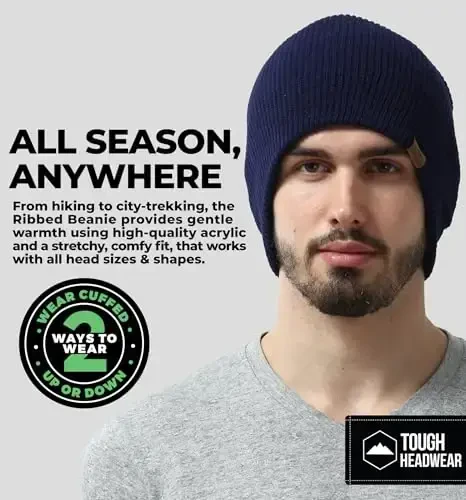 Tough Headwear Ribbed Beanie Hat - Four-Way Stretch Beanie for Women & Men - Lightweight, Soft Acrylic Knit Winter Hat - 2