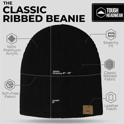 Tough Headwear Ribbed Beanie Hat - Four-Way Stretch Beanie for Women & Men - Lightweight, Soft Acrylic Knit Winter Hat - 3