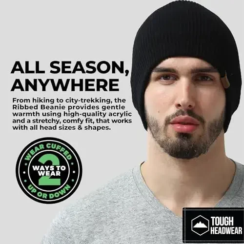 Tough Headwear Ribbed Beanie Hat - Four-Way Stretch Beanie for Women & Men - Lightweight, Soft Acrylic Knit Winter Hat - TOUGH HEADWEAR (1)
