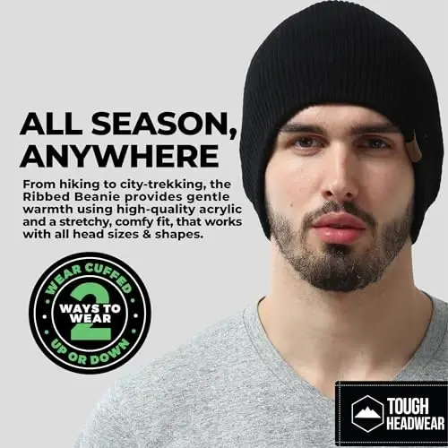 Tough Headwear Ribbed Beanie Hat - Four-Way Stretch Beanie for Women & Men - Lightweight, Soft Acrylic Knit Winter Hat - 2