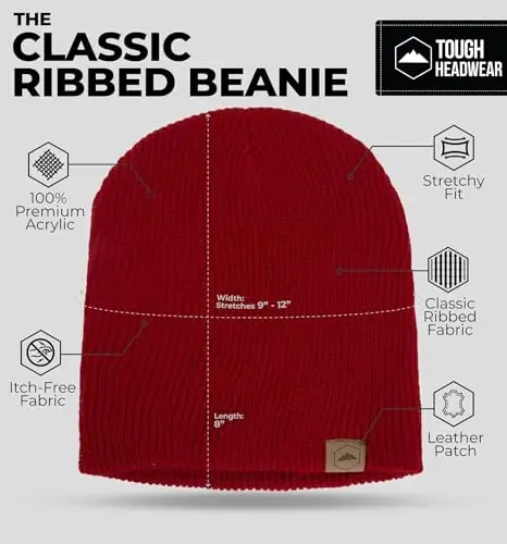 Tough Headwear Ribbed Beanie Hat - Four-Way Stretch Beanie for Women & Men - Lightweight, Soft Acrylic Knit Winter Hat - 3
