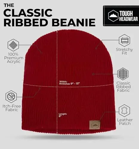 Tough Headwear Ribbed Beanie Hat - Four-Way Stretch Beanie for Women & Men - Lightweight, Soft Acrylic Knit Winter Hat - 3