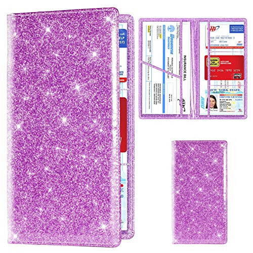 TOURSUIT Car Registration and Insurance Card Holder, Vehicle License Document Glove Box Compartment Organizer, Interior Car Accessories for Women Men Teens (Glitter Purple) - 1