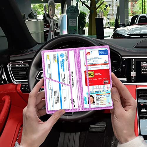 TOURSUIT Car Registration and Insurance Card Holder, Vehicle License Document Glove Box Compartment Organizer, Interior Car Accessories for Women Men Teens (Glitter Purple) - 5