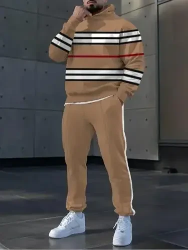 TOVPAO Erkaklar uchun bosma naqshli uzun yengli kapüşonli sviter va shim ikki qismli kundalik ko'cha moda yugurish kostyumi - 4