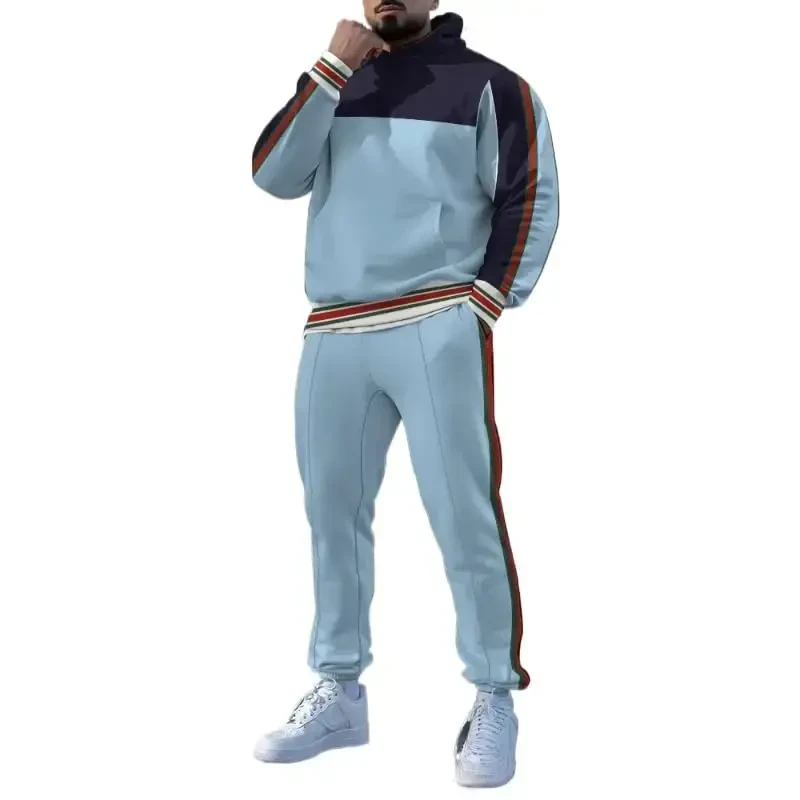 TOVPAO Men's printed spliced long sleeved hooded sweatshirt and pants two-piece casual street fashion jogging set - 1