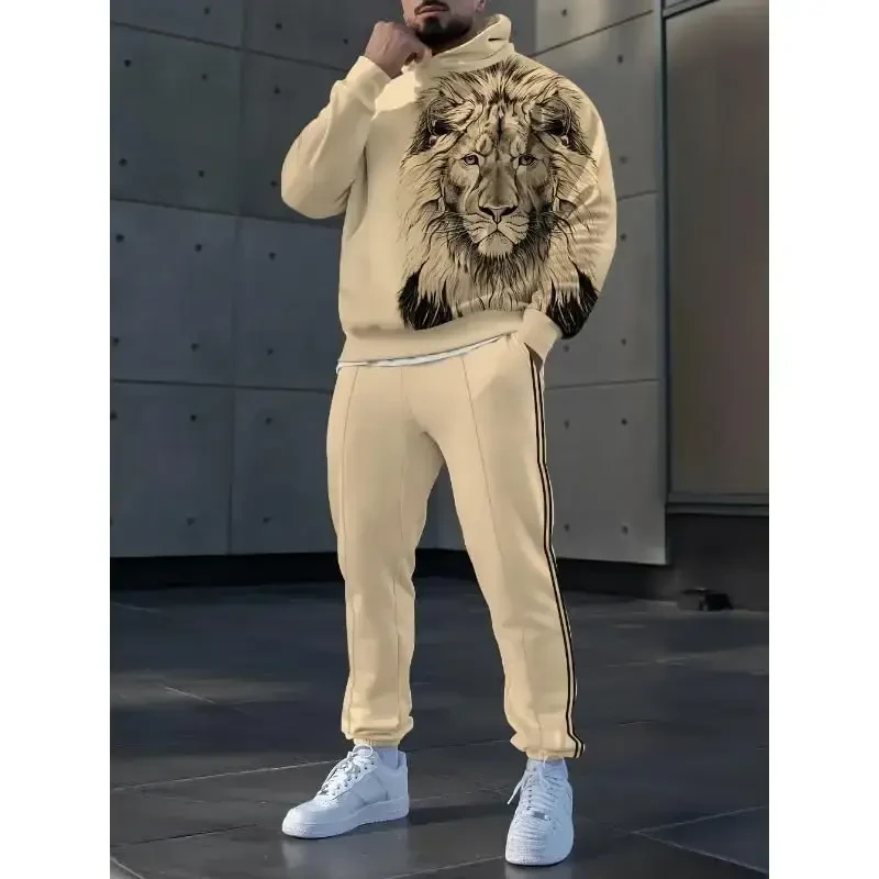 TOVPAO Men's printed spliced long sleeved hooded sweatshirt and pants two-piece casual street fashion jogging set - 2