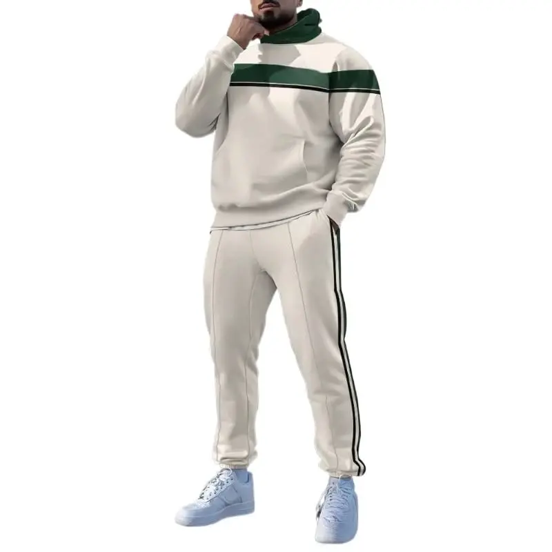 TOVPAO Men's printed spliced long sleeved hooded sweatshirt and pants two-piece casual street fashion jogging set - TOVPAO