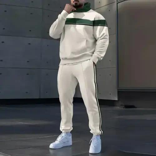 TOVPAO Men's printed spliced long sleeved hooded sweatshirt and pants two-piece casual street fashion jogging set - TOVPAO (1)