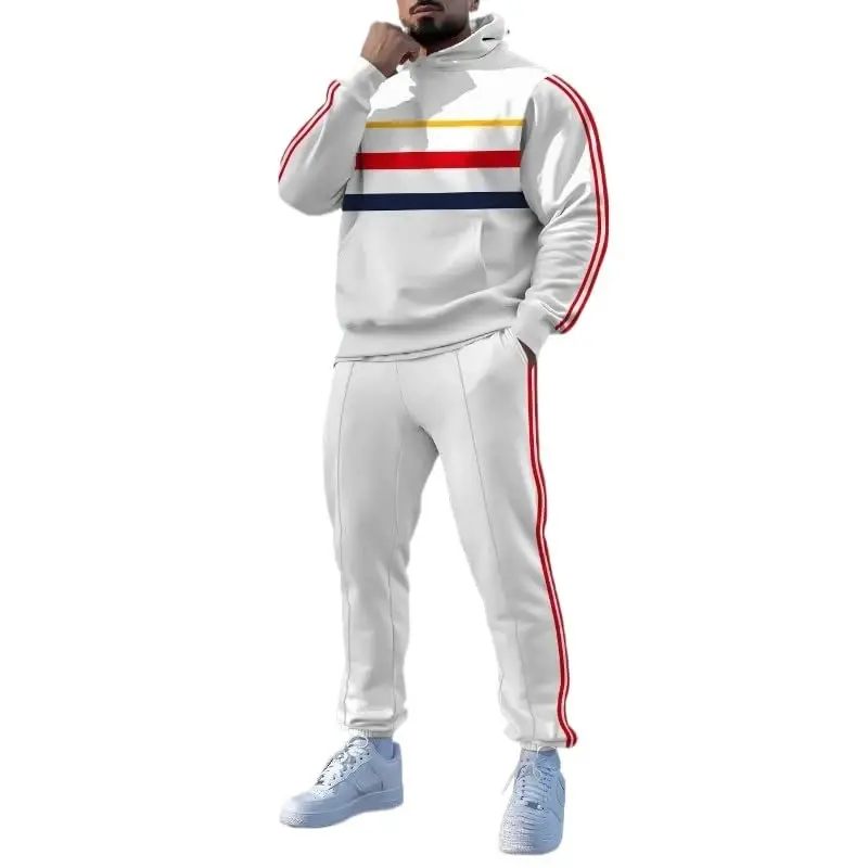 TOVPAO Men's printed spliced long sleeved hooded sweatshirt and pants two-piece casual street fashion jogging set - TOVPAO