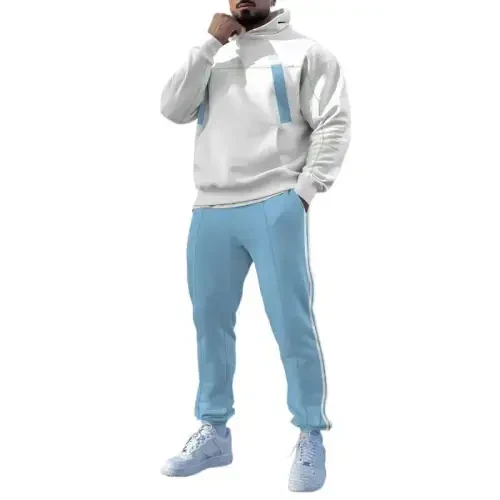 TOVPAO Men's printed spliced long sleeved hooded sweatshirt and pants two-piece casual street fashion jogging set 