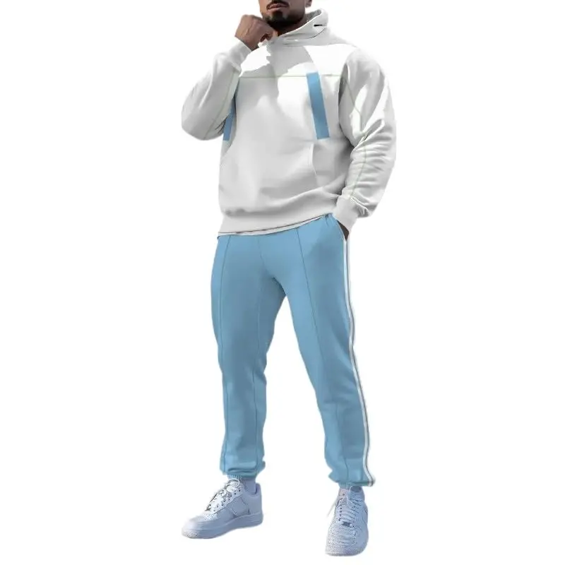 TOVPAO Men's printed spliced long sleeved hooded sweatshirt and pants two-piece casual street fashion jogging set - TOVPAO