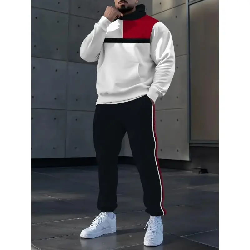 TOVPAO Men's printed spliced long sleeved hooded sweatshirt and pants two-piece casual street fashion jogging set - 3