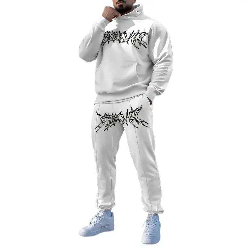TOVPAO Men's printed spliced long sleeved hooded sweatshirt and pants two-piece casual street fashion jogging set - TOVPAO